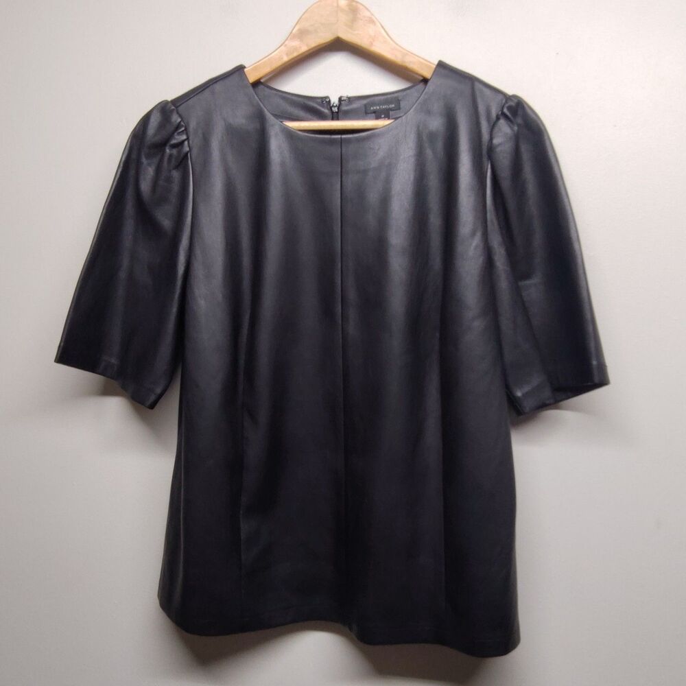 Ann Taylor Faux Leather Blouse Top Women M Black Short Sleeve Edgy Preppy Fall